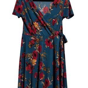 EUC Kaileigh Floral Wrap Midi Dress in Teal and Red